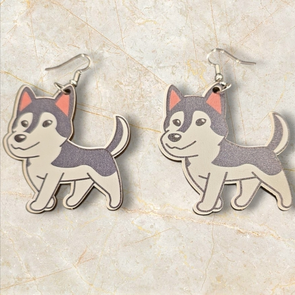 Wooden Dog Dangle Earrings